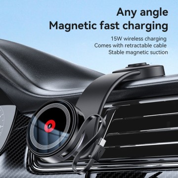 360° Adjustable Aluminum Alloy Magnetic 15W Wireless Charging Phone Holder with Retractable Cable