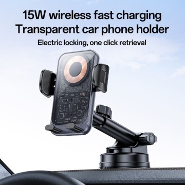 360° Rotation Electric Locking 15W Wireless Fast Charging Transparent Car Phone Holder