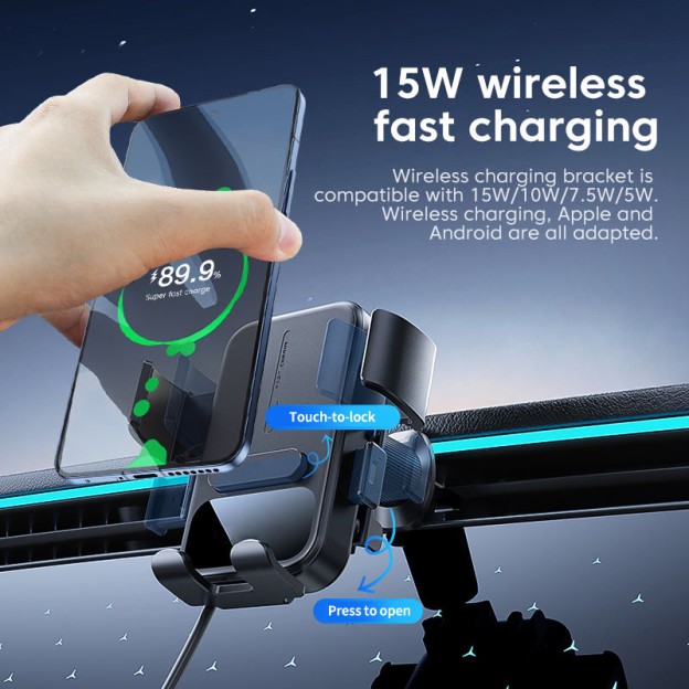 15W Wireless Professional Flexible Car Smart Induction Auto-Clamping Charging Stand Mount