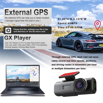 Front Rear Dual Lens 4K Dash Cam with GPS and G Sensor