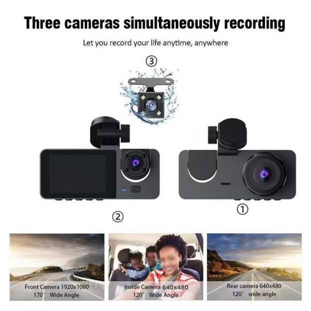 Three-Lens 1080p Loop Recording Car Front and Rear Dash Cam Three-Lens 1080p Loop Recording Car Front and Rear Dash Cam