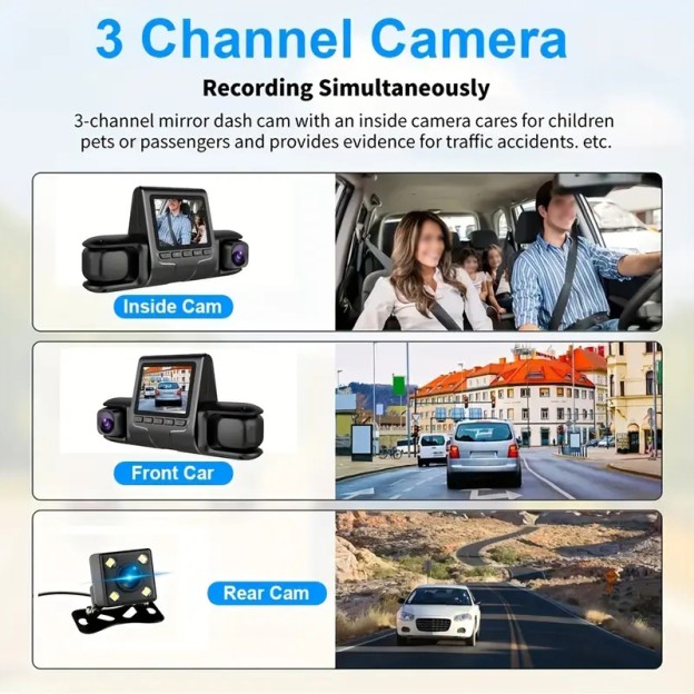Three Lens 1080p Car Dash Camera with Night Vision and WiFi